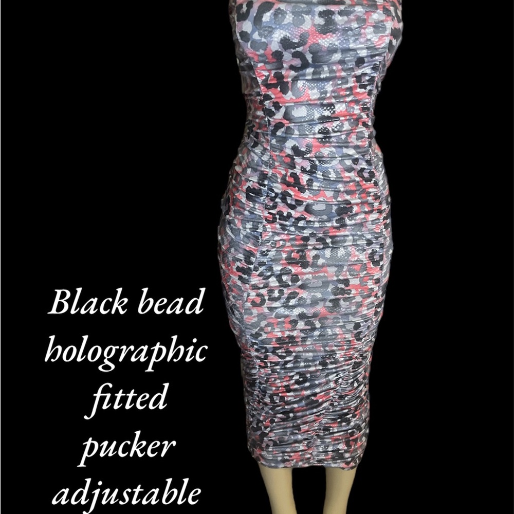 Holographic pucker dress mid length has stretch